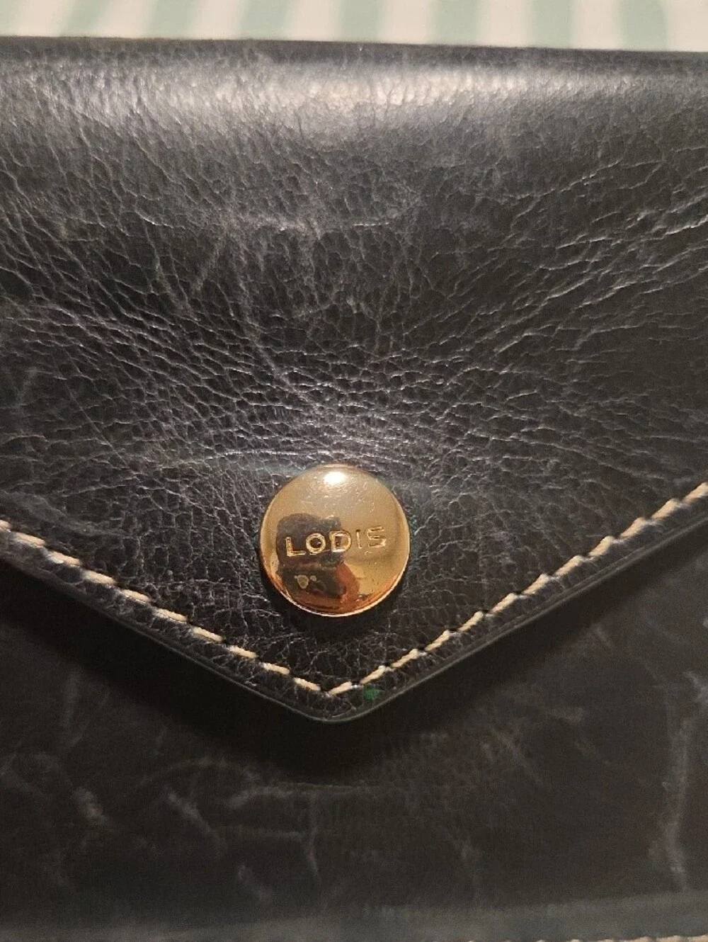 Lodis Black Leather Envelope Snap Wallet with Cream Stitching
